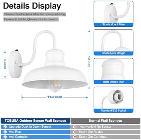 TOBUSA 2-Pack Dusk to Dawn Outdoor Wall Lights, Waterproof Farmhouse Gooseneck Barn Lights, 11.5'' White Outside Wall Sconces for House, Porch, Garage - Image 5