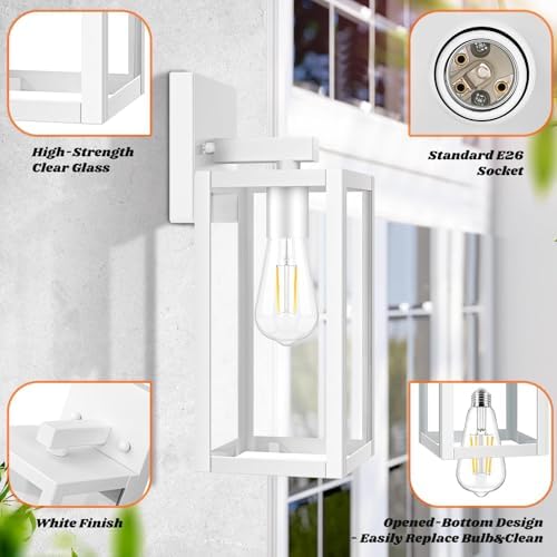 Brightever 2-Pack Outdoor Wall Light Fixtures, Waterproof Anti-Rust Outside Wall Sconce Lantern with Clear Glass, Exterior Front Porch Lights for House Garage Doorway, Bulbs Not Included, White - Image 3
