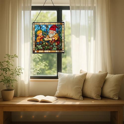 Gnome with Garden Planning Stained Glass Suncatcher – Square Hanging Window Panel for Home, Garden, Nursery, Halloween, Christmas, Memorial Day – Whimsical Glass Art Gift for Gnome Lovers iw0wde - Image 7