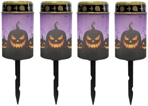 Poceacles Outdoor Solar Powered Cemetery Lights Grave Outdoor Stake Lights Garden Solar Lantern Flameless Candles Halloween Garden Decoration, Pumpkin Bat Print Violet, Pack of 4 by Poceacles