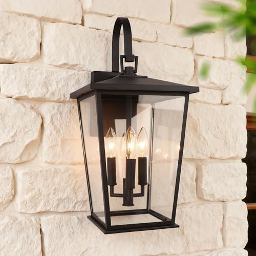 Kalium Modern Outdoor Wall Sconce Fixture 20 1/2", Matte Black, 3-Light Exterior Wall Mount Lighting with Clear Glass Panels for House Porch Patio Outside Deck Garage Yard Front Door Garden Home by Kalium