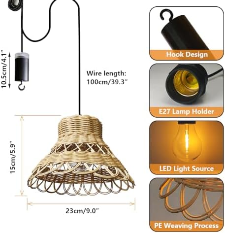 Hand-Woven Boho Rattan Pendant Light Battery Operated Bohemian Woven Outdoor Chandelier with Button Waterproof Lanterns Hanging Lighting Fixture for Gazebo Patio Yard Porch Farmhouse - Image 3
