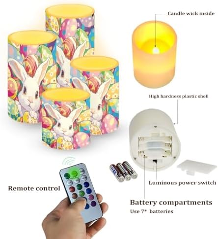 Painting Bunny Flameless Candles with Remote and Timers Easter Eggs Flickering Battery Operated Candles Waterproof Flameless LED Pillar Lights for Indoor Outdoor Holiday Decoration - Image 2