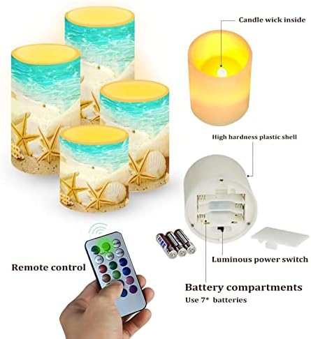 Beach Starfish Seashell Flameless Light Candles Battery Powered with Timer Remote Color Chaging Pillar Fake Candles Pack of 4 for Wedding Home Outdoor Decor - Image 2
