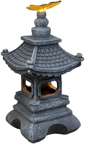 Solar Garden Statue Japanese-Style Pagoda Lantern with Butterfly Light, Waterproof Resin Zen Outdoor Decor for Patio Yard Lawn, Housewarming Gifts for Women by Unknown