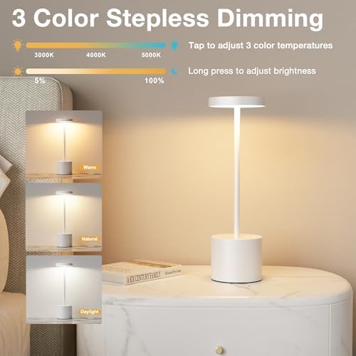 Kakanuo White Cordless Lamp Set, Rechargeable Lamp, 3 Color Temperature, LED Outdoor Wireless Lamps, Battery Operated Lamps, Stepless Dimmable, Touch Control - Image 2