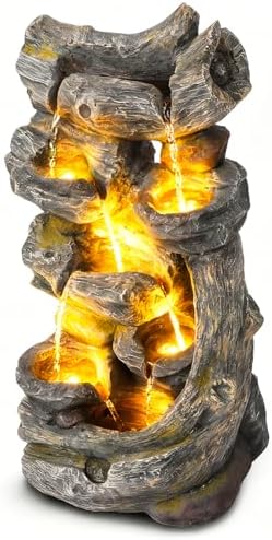 7-Tier Cascading Outdoor Water Fountains with LED Lights, 37.2" H Large Outdoor Waterfalls with Moss & Wood-Look for Garden, Patio, Yard Decor by Callales