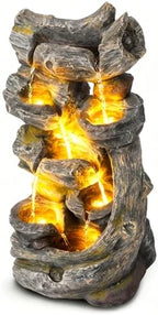 7-Tier Cascading Outdoor Water Fountains with LED Lights, 37.2" H Large Outdoor Waterfalls with Moss & Wood-Look for Garden, Patio, Yard Decor by Callales