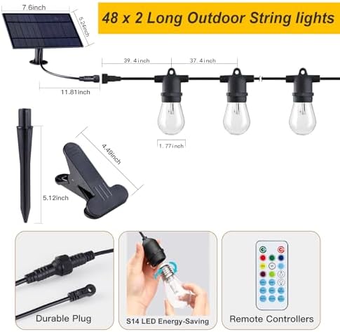 96FT Solar Outdoor String Lights – Dimmable RGB LED Patio Lights with Remote, Waterproof for Garden, Yard, Deck, and Backyard Decor - Image 2