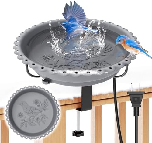 Heated Bird Bath for Outdoors,Deck Railing Heated BirdBaths,Grey by ODSNANIE