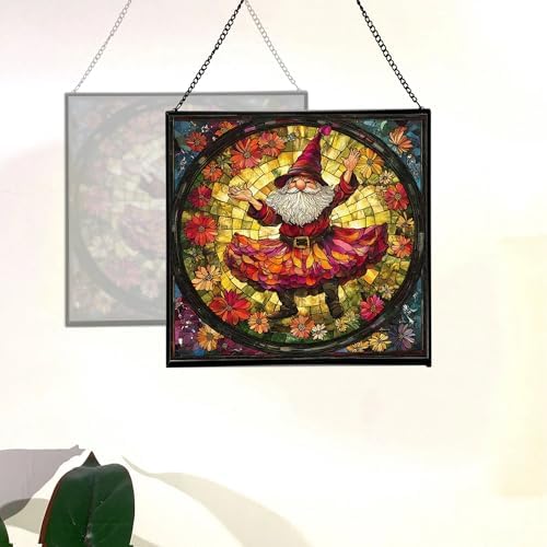 Petal Skirt Gnome Dance Stained Glass Suncatcher – Square Hanging Window Panel for Home or Greenhouse – Whimsical Glass Art Gift for Garden Lovers, Christmas, Halloween, Father Days RKJjbe - Image 4