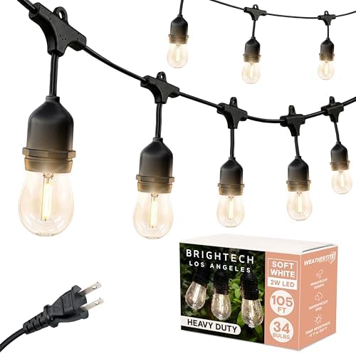 Brightech Ambience Pro 105Ft LED String Lights - 2W Commercial Grade Patio Lighting Outdoor Waterproof - Heavy Duty Dimmable Vintage Edison Porch Lights for Outside, Backyard - 34 Bulbs, Soft White by Brightech