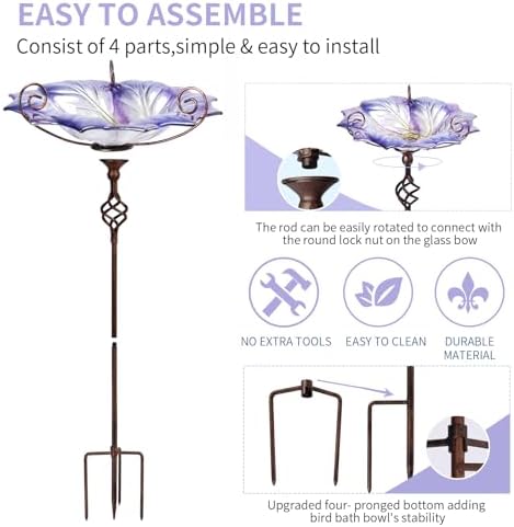 VCUTEKA Glass Outdoor Bird Bath Bird Feeder with Metal Stake Garden Decor - Image 3