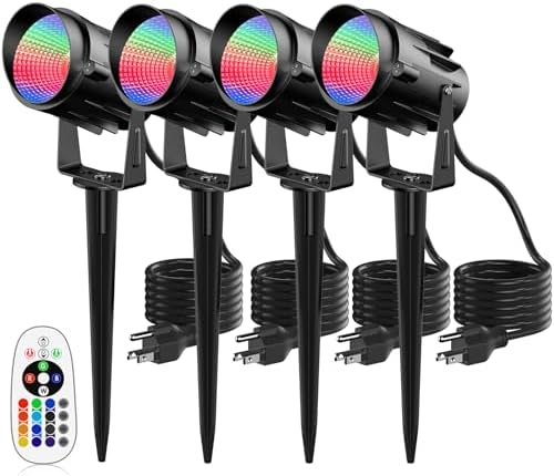Christmas Halloween Spotlight Outdoor, 12W Color Changing Outdoor Floodlight Fixture with Stake for Garden Yard Path, 120V Waterproof Landscape Lighting Plug in with Remote (4 Pack) by JIAQIYAN