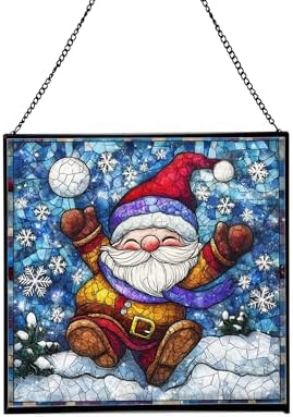 Snowball Gnome Joy Stained Glass Suncatcher – Square Hanging Window Panel for Home or Greenhouse – Whimsical Glass Art Gift for Garden Lovers, Christmas, Halloween, Father Days FU1p6u by Custom