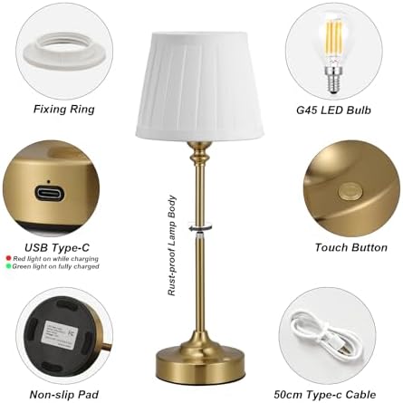 Cordless Table Lamp Rechargeable Gold - 1 Pack Brass 4000mAH Battery Operated Lamp for Decor, 3000K Stepless Dimming Touch Control Wireless Lamp for Bedroom, Dining Table, Counter, Living Room - Image 3