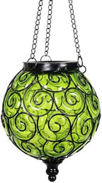 Solar Hanging Lantern Outdoor Garden Lights, Round Glass and Metal Hanging Lantern, 15 Firefly LED Lights, 7 x 20 Inch (Green) by Unknown