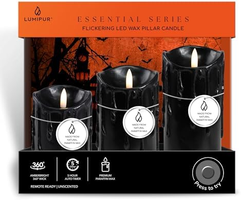 LumiPur Essentials Natural Glow Flameless Flickering Wax Drip Pillar 3 Pack LED Candles (3" x 4" 5" & 6") Black - Image 4
