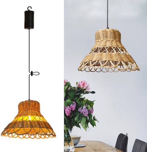 Hand-Woven Boho Rattan Pendant Light Battery Operated Bohemian Woven Outdoor Chandelier with Button Waterproof Lanterns Hanging Lighting Fixture for Gazebo Patio Yard Porch Farmhouse by Unknown