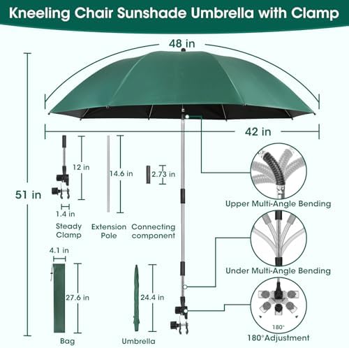 2-in-1 Garden Kneeler with Umbrella, Garden Kneeling Bench & Green Umbrella, Portable Garden Stool Loads Capacity 330lb and Garden Tools Bag with bottle holder, Gardening Gifts for Women,Men,Seniors - Image 2