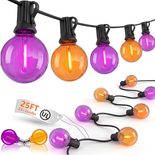 25FT G40 LED Outdoor Halloween String Lights, Orange and Purple Halloween Decorations Lights with 27 Shatterproof Globe Bulbs(2 Spare), Hanging Patio Lights for Holiday Balcony Backyard Party Garden by Goothy