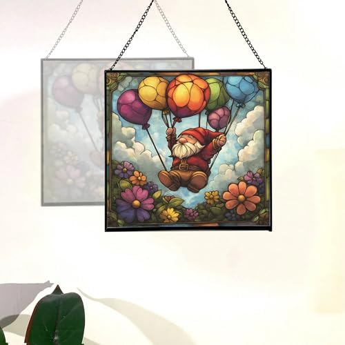 Flower Balloon Lift Gnome Stained Glass Suncatcher – Square Hanging Window Panel for Home or Greenhouse – Whimsical Glass Art Gift for Garden Lovers, Christmas, Halloween, Father Days 6a0pyd - Image 4