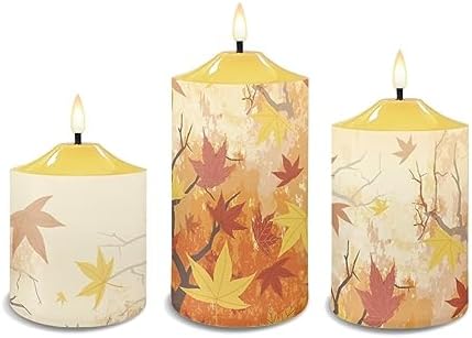 Cozeyat Flickering Flameless Electric Candles with Timer 3 Pack, Fall Maple Leaf Print LED Candles Battery Operated, Unscented Wax Pillar Tealights for Thanksgiving Day Indoor Decor - Image 2