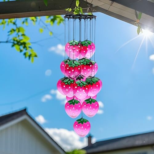 Glass Strawberry Wind Chimes - Hand-Painted Glass Strawberry Suncatcher for Window,Outdoor Garden Decor,Colorful Strawberry Ornaments Hanging Wall Art for Patio,Unique Memorial Gifts for Women & Mom - Image 3