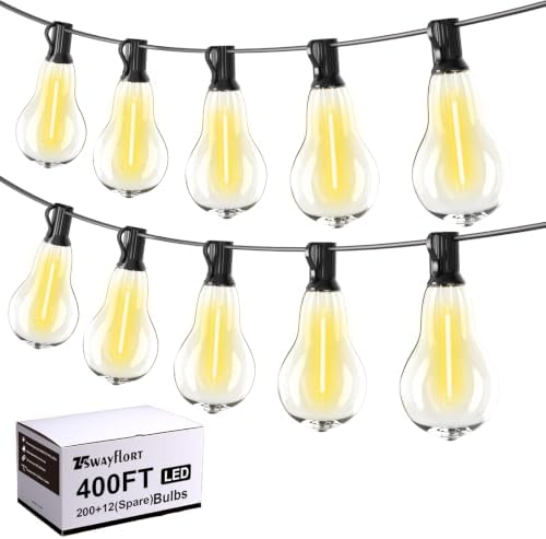 Outdoor String Lights 400FT(4x100) Patio Lights with 212 (12 Spare) Shatterproof Bulbs, String Lights for outside Waterproof hanging for Party,Wedding,Yard, Porch, Bistro, 2200K, Black cord by Tswayflort