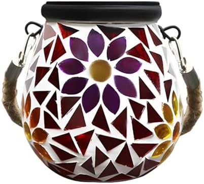 Mosaic Solar Lights Outdoor Waterproof, Hanging Solar Lantern with Stained Glass Design, Oval Flower Pattern Tabletop Lights, No Wiring, Auto On/Off, 4.33 x 4.33 in / 11 x 11 cm for Patio, Garden by Unknown