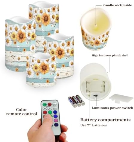 Wood Sunflower Daisy Flameless Candles with Remote Timer Flickering LED Pillar Candles Color Changing Set of 4 Outdoor Home Table Beach Wedding Decoration - Image 3