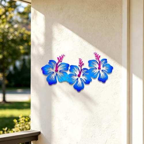 Hibiscus Flower Metal Wall Art Blue Floral Plaque Rustic Hanging Decor for Living Room Bedroom Patio Garden Indoor Outdoor Stylish Botanical Ornament (16 INCH) - Image 3