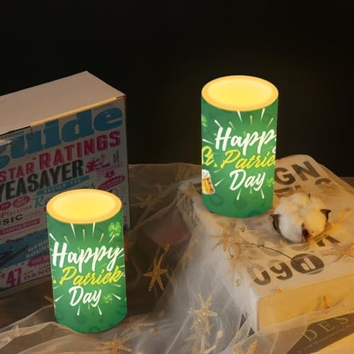 Pack of 2 Happy St Patrick's Day Flameless Candles Battery Operated Candles with Remote and Timers Flickering LED Elictric Pillar Tealights for Party Patio Porch Decorations - Image 6