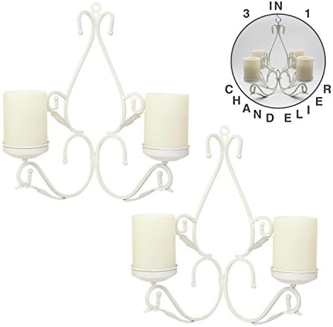 3 in 1 Lighting Chandelier, Metal Wall Sconce Set of 2, Table Centerpiece for Indoor or Outdoor, Chain and Candles Included, White - Image 2