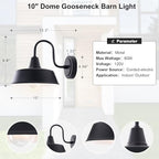 Matte Black Outdoor Gooseneck Barn Light for Porch, 10 Inch Dome Farmhouse Exterior Wall Lighting with Wall Mount, Outside Wall Sconce Light Fixture for House Porch Garage - Image 7