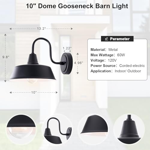 Matte Black Outdoor Gooseneck Barn Light for Porch, 10 Inch Dome Farmhouse Exterior Wall Lighting with Wall Mount, Outside Wall Sconce Light Fixture for House Porch Garage - Image 7