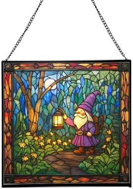 Gnome with Lantern Stained Glass Suncatcher – Square Hanging Window Panel for Home, Garden, Nursery, Halloween, Christmas, Memorial Day – Whimsical Glass Art Gift for Gnome Lovers k7q0lr by Custom