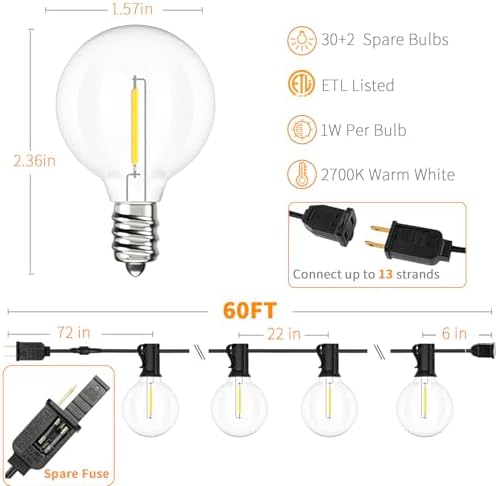 Svater Outdoor String Lights LED 60 FT G40 Patio Globe Light Waterproof - Image 3