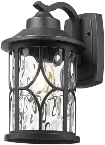 zeyu 14.6 Inch Outdoor Porch Light, Farmhouse 1-Light Outdoor Wall Sconce, Die-Cast Aluminum in Black Finish, Clear Water Ripple Glass, ZX48MB-WG BK by ZEYU