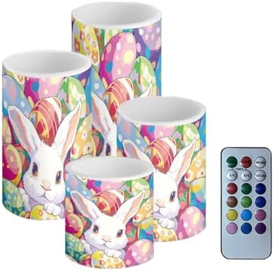 Painting Bunny Flameless Candles with Remote and Timers Easter Eggs Flickering Battery Operated Candles Waterproof Flameless LED Pillar Lights for Indoor Outdoor Holiday Decoration by Merkmak