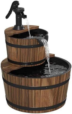 Aoxun 2-Tier Outdoor Water Fountain, Wood Barrel Cascading with Electric Decorative Hand Pump, Rustic Waterfall Fountain for Garden, Backyard, Patio, Porch, Yard by Aoxun
