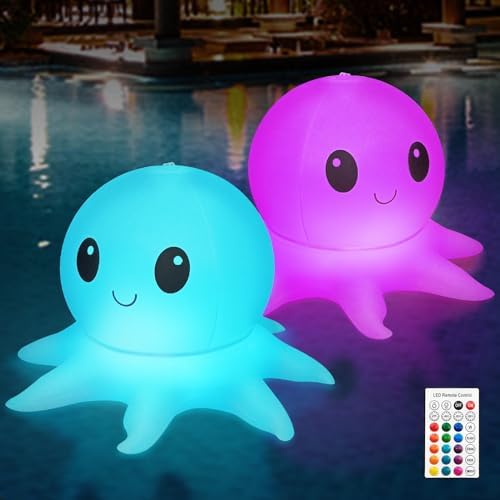 Solar Floating Pool Light w/Remote, 2 Pack 16 Colors Inflatable Octopus by Qoolife-US
