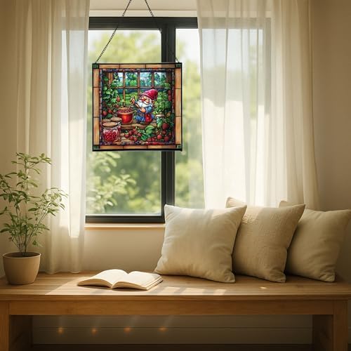 Gnome Making jam Stained Glass Suncatcher – Square Hanging Window Panel for Home, Garden, Nursery, Halloween, Christmas, Memorial Day – Whimsical Glass Art Gift for Gnome Lovers 8ddf8a - Image 7