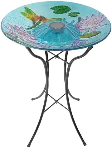 Teamson Home Handpainted Dragonfly Fusion Glass Solar Birdbath Bowl Feeder with LED Light for Outdoor Patio Garden Backyard Decking Decor, 21 Inch Height, Light Blue by TeamsonHome