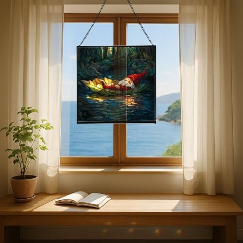 Floating Leaf Gnome Stained Glass Suncatcher – Square Hanging Window Panel for Home or Greenhouse – Whimsical Glass Art Gift for Garden Lovers, Christmas, Halloween, Father Days fFUfVq - Image 6