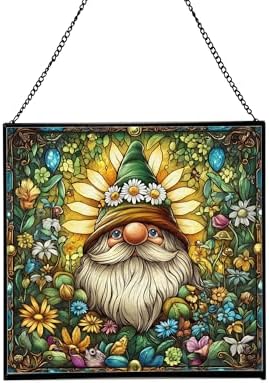 Daisy Crown Gnome Stained Glass Suncatcher – Square Hanging Window Panel for Home or Greenhouse – Whimsical Glass Art Gift for Garden Lovers, Christmas, Halloween, Father Days gdSmuZ by Custom
