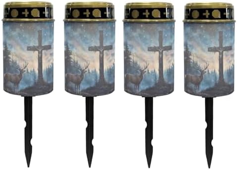 Poceacles 4 Pieces Cross Solar Powered Outdoor Lights Cemetery Solar Candle Solar Memorial Lights Outdoor Waterproof Landscape Lights for Yard Patio Lawn Outdoor Home Decor, Deer Cross Galaxy Blue by Poceacles