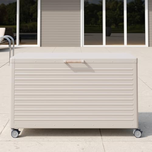 MIRADOR 134 Gallon Outdoor Storage Box with Wheels & Soft-Close Lid, Waterproof Metal Deck Box for Patio Cushions, Garden Tools & Pool Accessories, Latte - Image 5