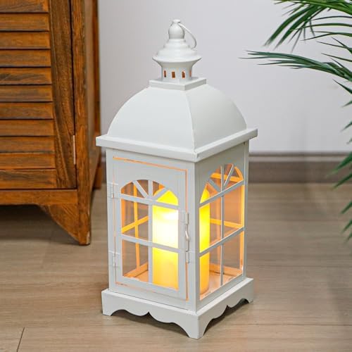 TRIROCKS Decorative Vintage Candle Lanterns 14.5" H Farmhouse Outdoor Hanging Lanterns with Tempered Glass for Porch, Balcony, Patio, Home, Centerpieces, Indoor, Outdoor(White) - Image 4
