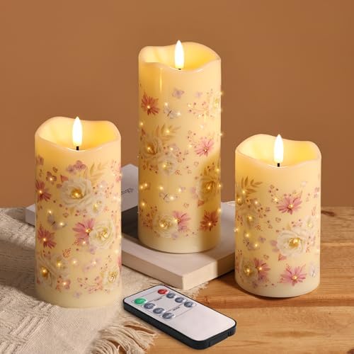 Eywamage Floral Fiber Optic Flameless Pillar Candles with Remote Set of 3 by EywamageCandles